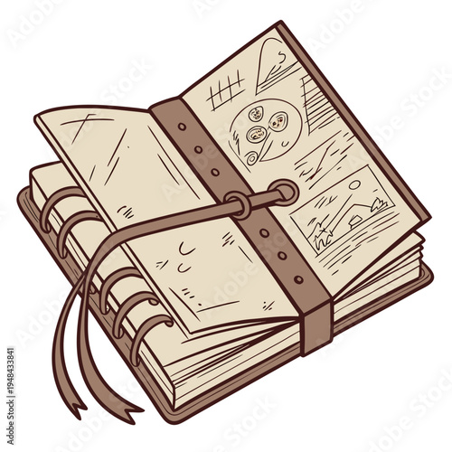 Vintage leather-bound journal with brown leather strap and doodles notebook