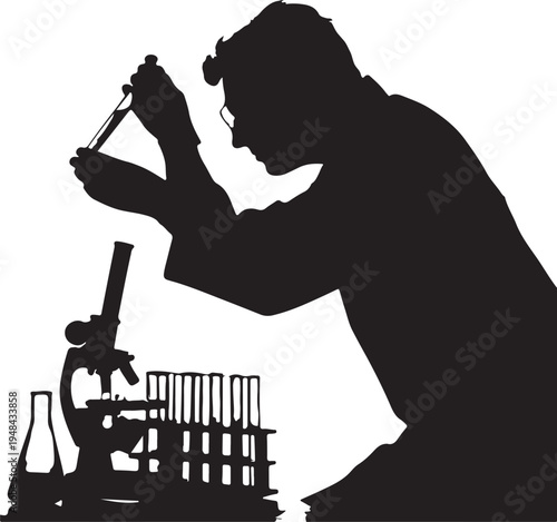Silhouette of a scientist intently examining a specimen under a microscope