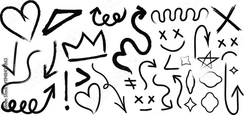 Collection of hand drawn graffiti symbols and shapes