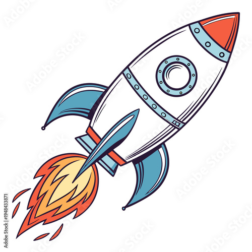 White and blue rocket with flames and fins