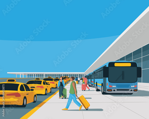 A vibrant illustration depicts a busy airport terminal with passengers taxis and a shuttle bus