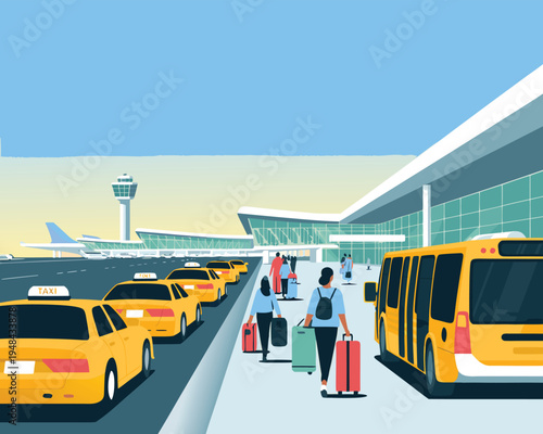 A vibrant illustration depicts a bustling airport scene with taxis travelers and airplanes