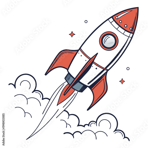 White and red rocket with clouds and stars