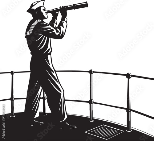 A sailor using a telescope on a ship’s deck to navigate the seas.