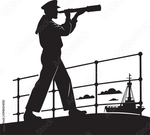 Sailor using a telescope on a ship’s deck overlooking the ocean horizon