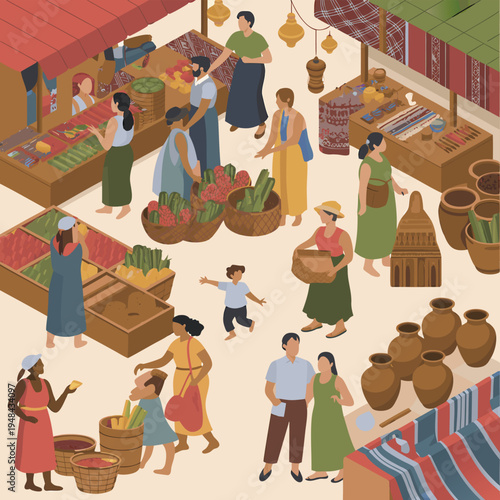 A bustling outdoor market scene depicts vendors selling fresh produce and crafts to diverse customers