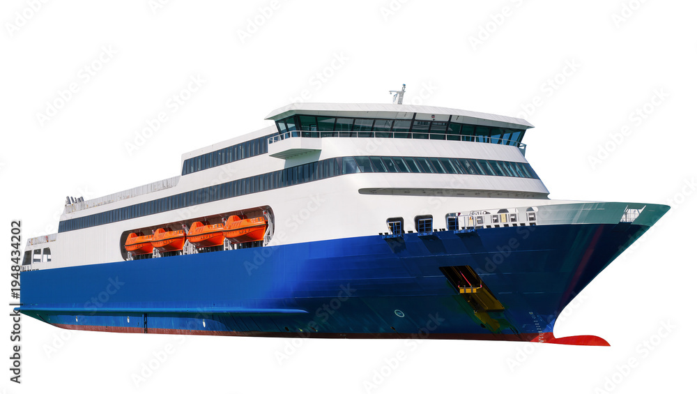 Naklejka premium Large blue and white passenger ferry boat with orange lifeboats, isolated PNG on transparent background, ready for ocean travel and transportation