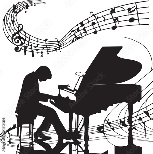 A silhouette of a pianist immersed in playing a grand piano with flowing musical notes around
