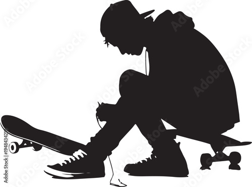 Skateboarder adjusting shoe laces in a moment of pause or contemplation