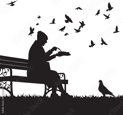 A person feeding pigeons in a tranquil park setting during the day.