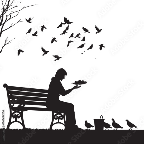 A tranquil moment of solitude with nature’s feathered visitors around a park bench reader