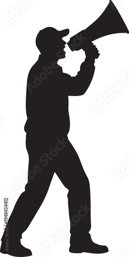 Silhouette of a person holding and using a megaphone for announcements or rallying support