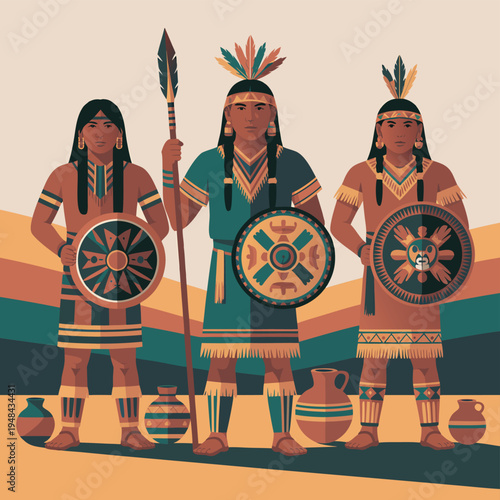 Three indigenous warriors stand proudly adorned in traditional clothing and holding ceremonial shields and spears