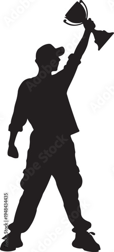 Silhouette of a triumphant athlete holding a trophy aloft in victory pose