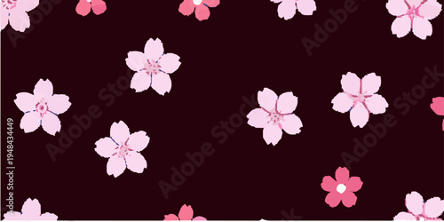 Seamless pattern featuring delicate pink cherry blossom flowers scattered on a dark brown background