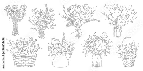 A collection of hand drawn floral bouquets and arrangements in various pots and wicker baskets