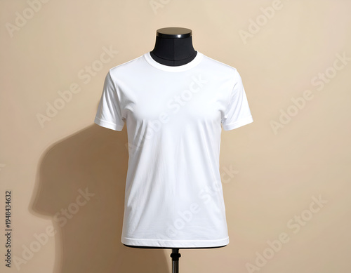Clean white t-shirt on a mannequin against a warm, shadowed background