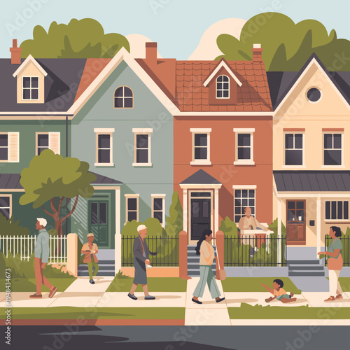 A colorful street scene depicts diverse neighbors walking and interacting in a suburban neighborhood