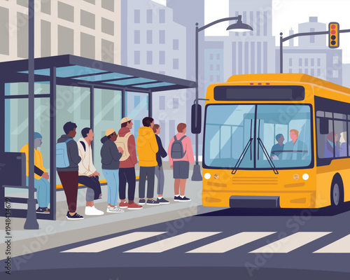 A vibrant illustration depicts people waiting at a bus stop with a yellow bus approaching