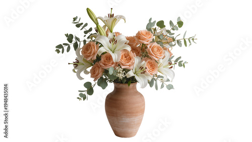 Photography Elegant bouquet of white lilies and peach roses with eucalyptus leaves in a rust