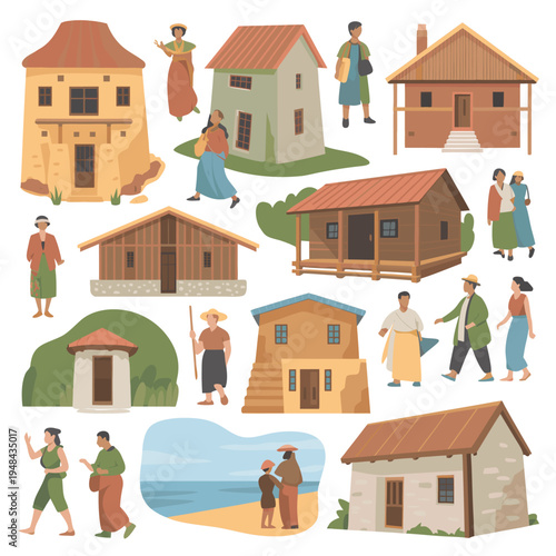 A colorful illustration depicts various traditional houses and people in a mediterranean style setting