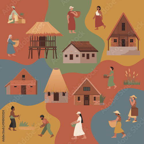 A vibrant illustration depicts rural life showcasing women carrying baskets and traditional homes
