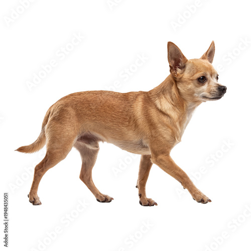 Fawn chihuahua dog walking gracefully with an alert expression, full body studio photo.