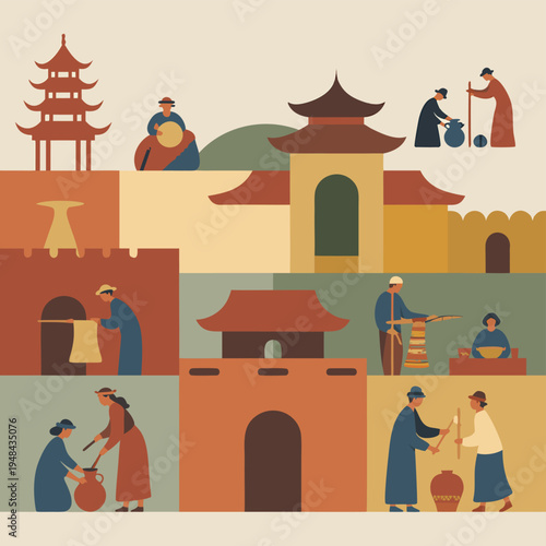 A stylized illustration depicts scenes of traditional east asian life and architecture high quality