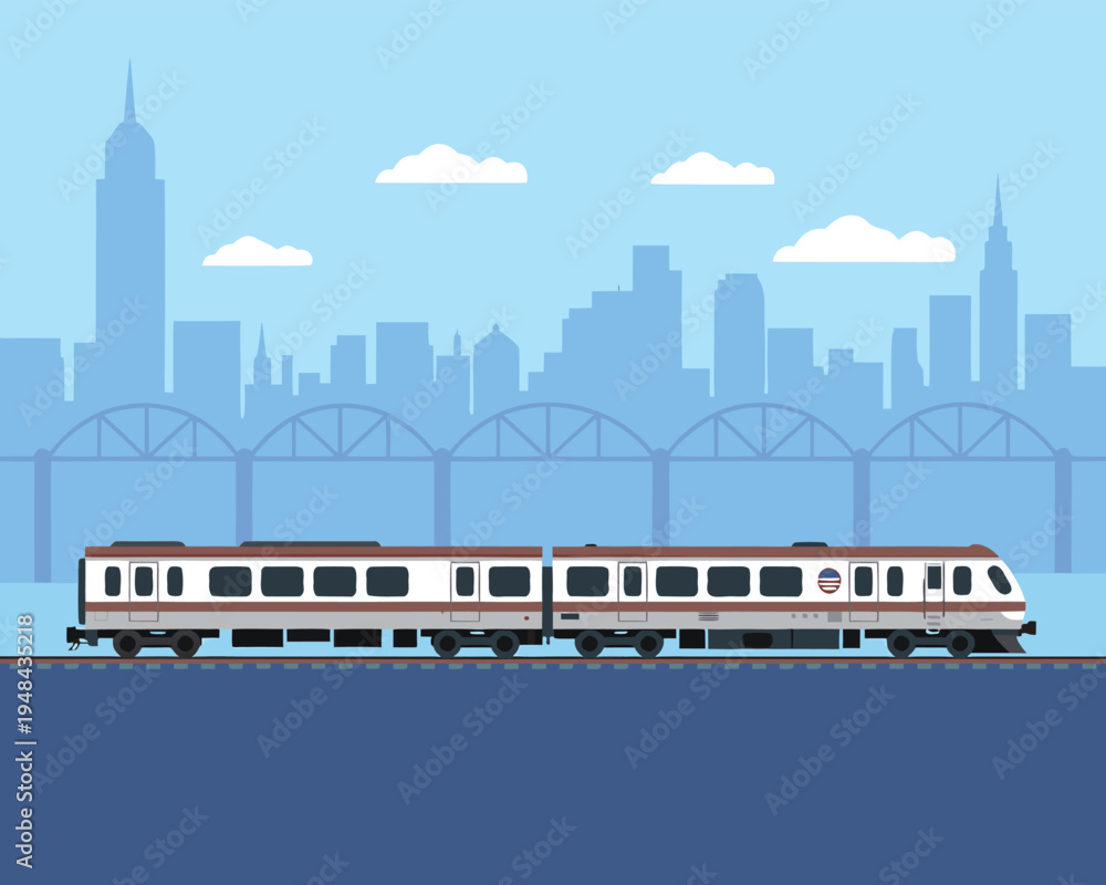 Obraz premium A streamlined commuter train travels along tracks with a cityscape and bridge in the background