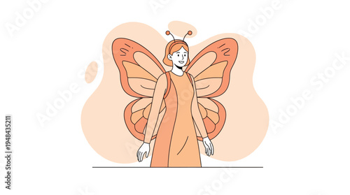 Smiling Young Woman with Beautiful Orange Butterfly Wings and Antennae in a Dreamy Flat Illustration