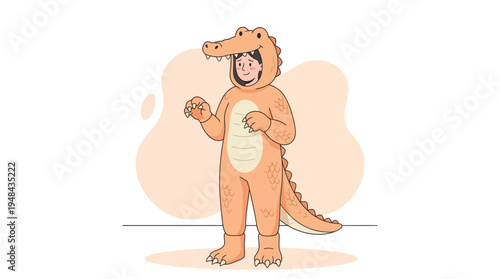 Young Person Dressed in a Playful Orange Alligator or Crocodile Costume, Standing with a Curious and Enthusiastic Expression, Character Illustration