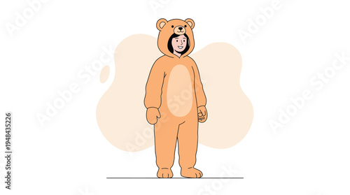 Cheerful Young Woman Dressed in a Full-Body Brown Bear Costume Standing and Smiling Happily. Adorable character illustration on a minimal abstract background.