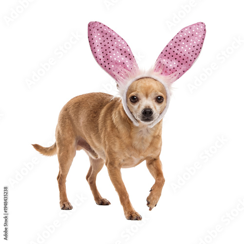 Chihuahua dog in pink sequined bunny ears, looking directly at camera, studio photo, isolated on transparent background.