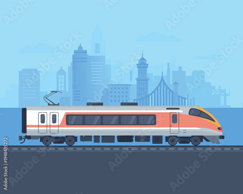 A sleek modern high speed train travels along the tracks with a city skyline backdrop