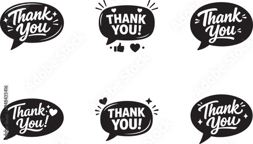 Speech bubble icons with thank you text. Appreciation message symbols for chat, web, and app UI.