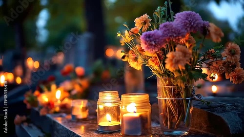 Wide quiet photograph of a peaceful cemetery at dusk small candle flames glowing warmly at multiple grave markers fresh flowers in vivid colours placed against the weathered