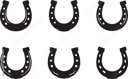 Black horseshoe icon set with lucky horseshoe silhouettes isolated on white, classic symbol vector.