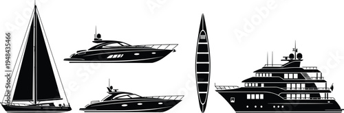 Luxury yacht and sailboat silhouettes set, marine vessels collection, speedboat cruiser ship icons, nautical transport illustration isolated black vector style