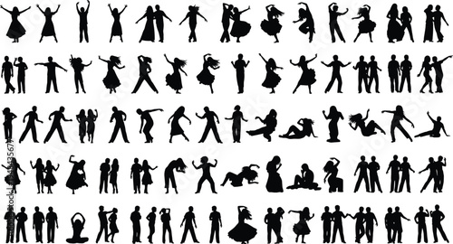 people, dancing, silhouette, dancers, party, celebration, music, movement, couple, performance, festival, entertainment, rhythm, lifestyle, activity, illustration, vector, set, collection, design