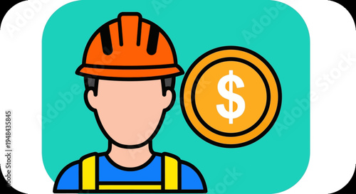 A construction worker wearing a helmet looks at a dollar coin.