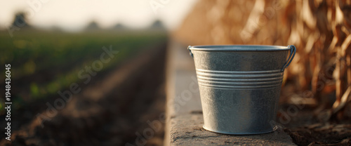 Metal bucket on farm field edge