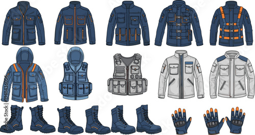 Tactical military clothing set, combat jackets vests boots gloves, army uniform equipment collection, outdoor survival gear vector illustration