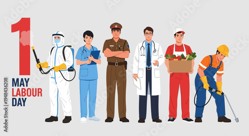 Labour Day celebration with diverse workers and professionals standing together