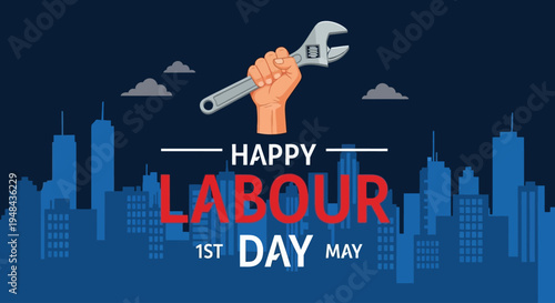 Happy Labour Day celebrations with a raised fist holding a wrench