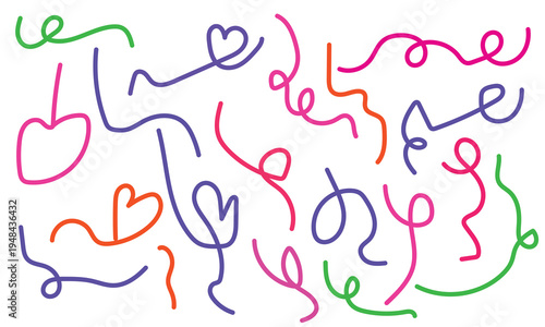 A playful assortment of colorful abstract linear doodles and shapes isolated on transparent background