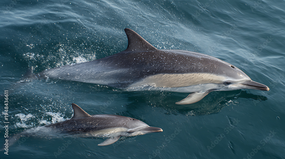 Obraz premium Two marine mammals, an adult and juvenile, gracefully swim together through the ocean waves, showcasing their natural beauty and underwater life