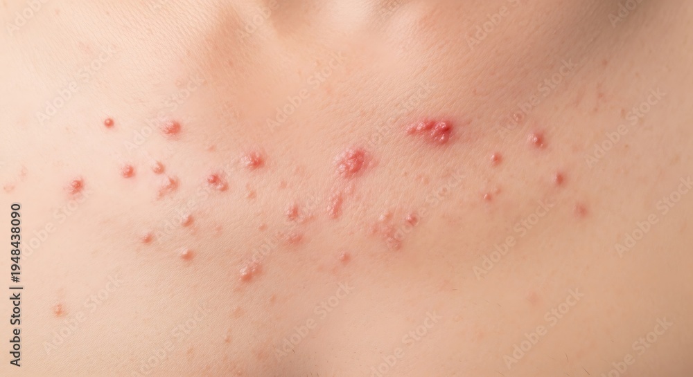 Fototapeta premium A close up view of a person's chest area showing multiple small red acne pimples and skin breakout