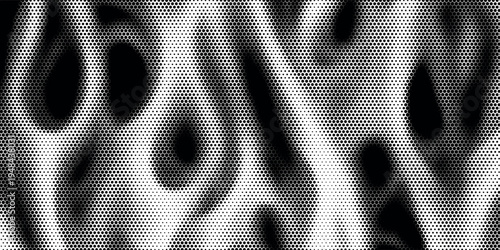 Hexagon halftone gradient texture. Abstract black grunge background. Geometric retro halftone tech overlay. Fading wavy hexagonal pattern backdrop. Vector vanishing honeycomb grunge bitmap wallpaper