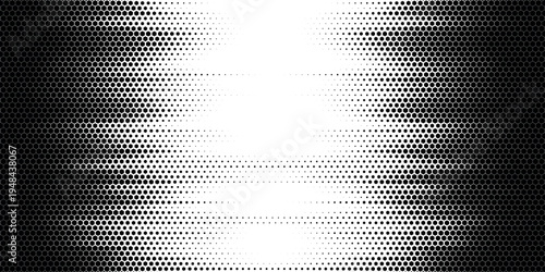 Hexagon halftone gradient texture. Abstract black grunge background. Geometric retro halftone tech overlay. Fading wavy hexagonal pattern backdrop. Vector vanishing honeycomb grunge bitmap wallpaper