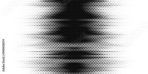 Hexagon halftone gradient texture. Abstract black grunge background. Geometric retro halftone tech overlay. Fading wavy hexagonal pattern backdrop. Vector vanishing honeycomb grunge bitmap wallpaper